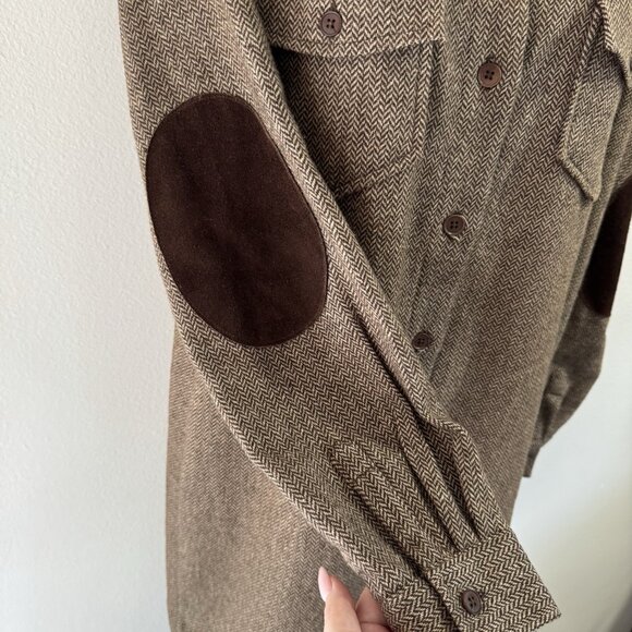 Vintage Y2K Gap Shirt Dress M Wool Tweed Chevron Brown Professor Patch Leather - Picture 6 of 10
